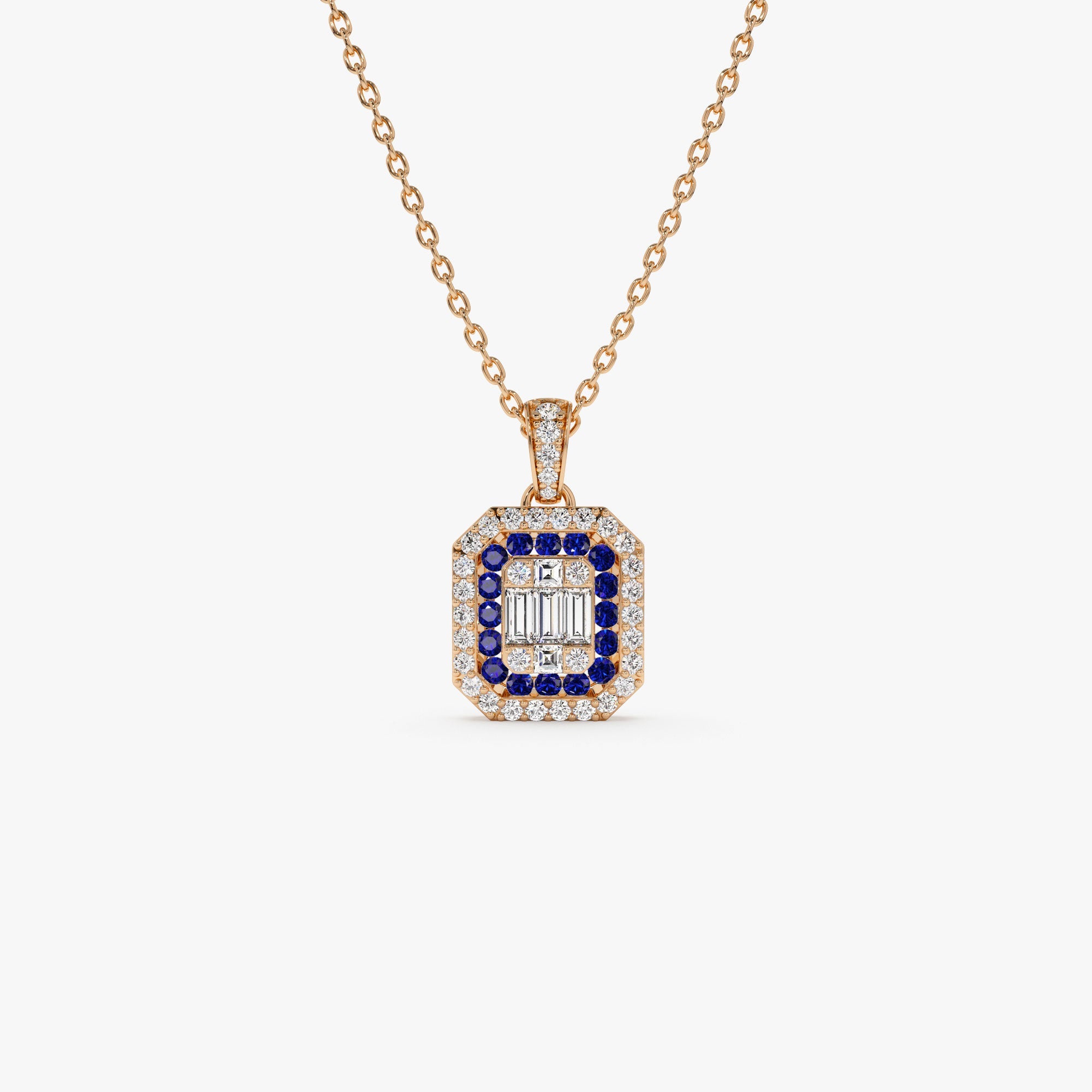 Baguette and Round Sapphire Necklace with Halo Setting