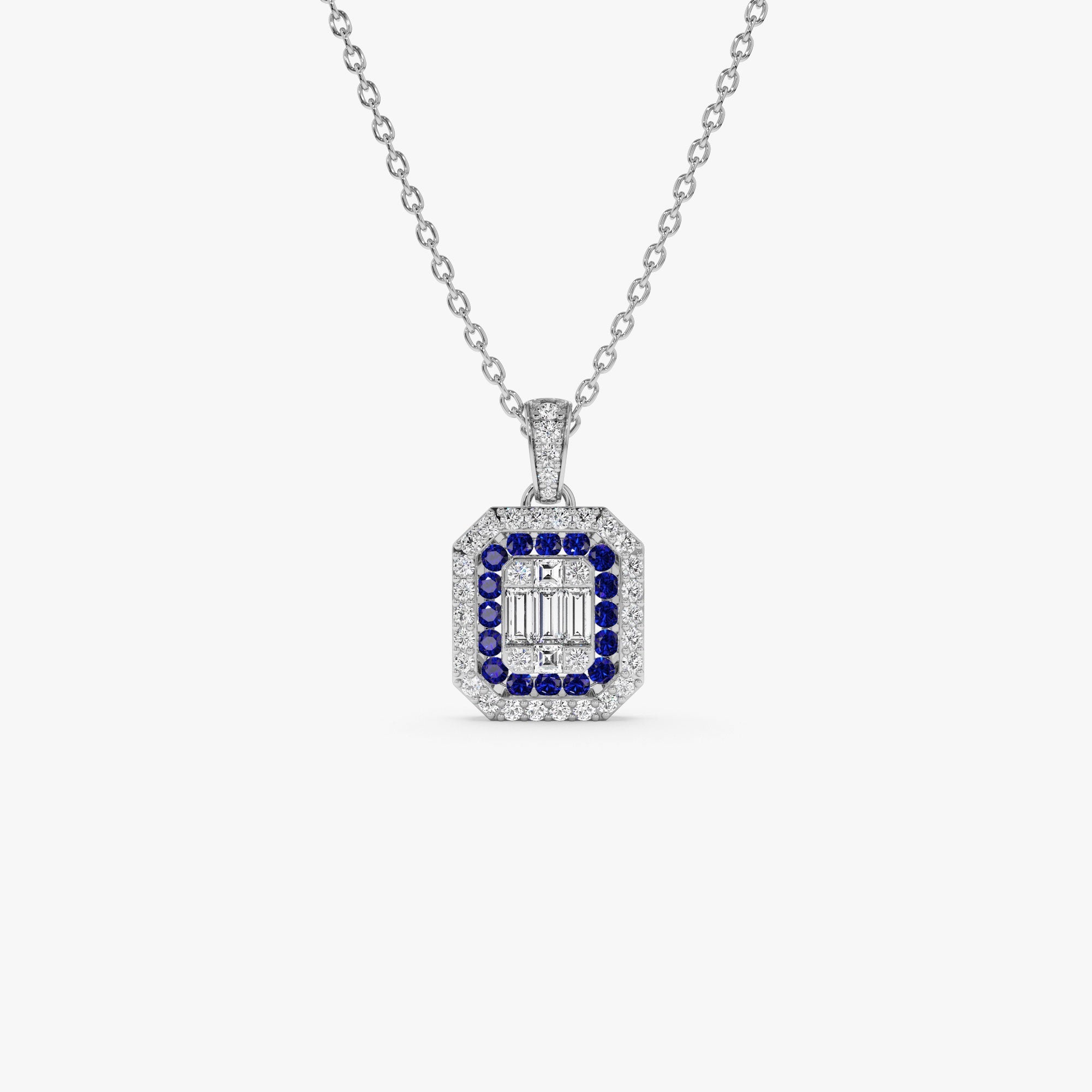 Baguette and Round Sapphire Necklace with Halo Setting