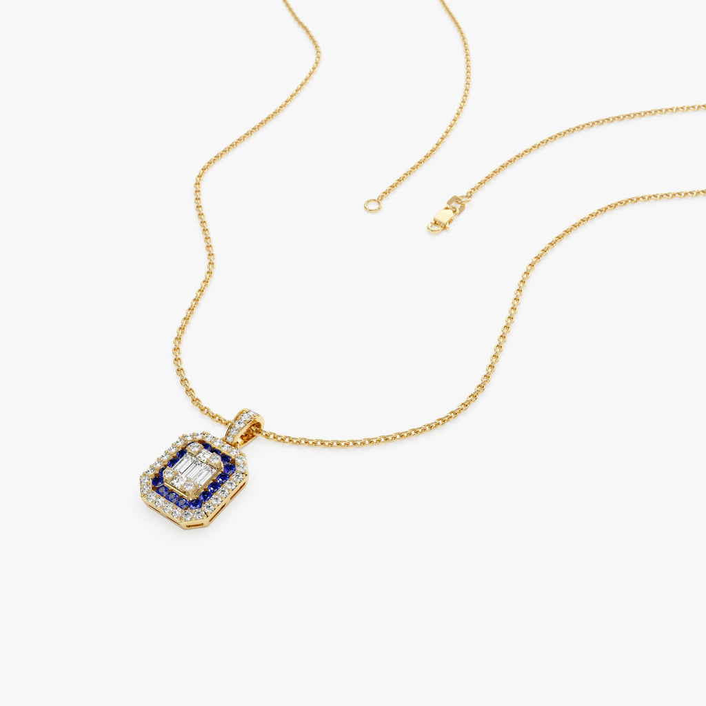 Baguette and Round Sapphire Necklace with Halo Setting
