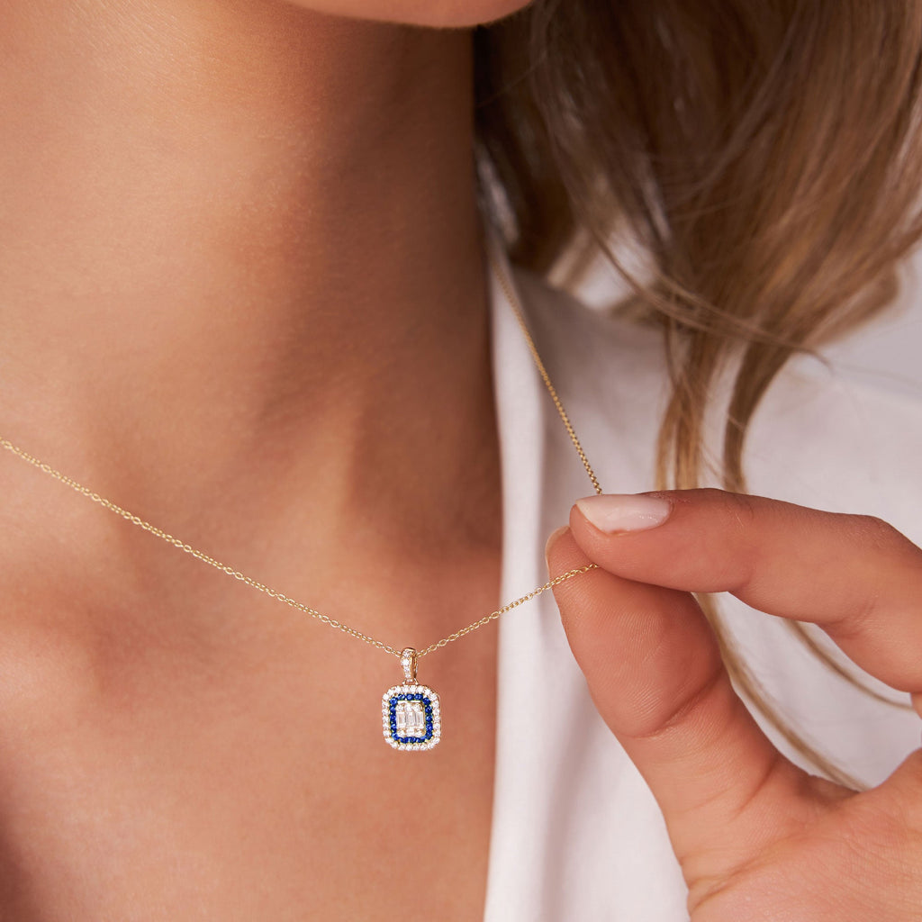 Baguette and Round Sapphire Necklace with Halo Setting