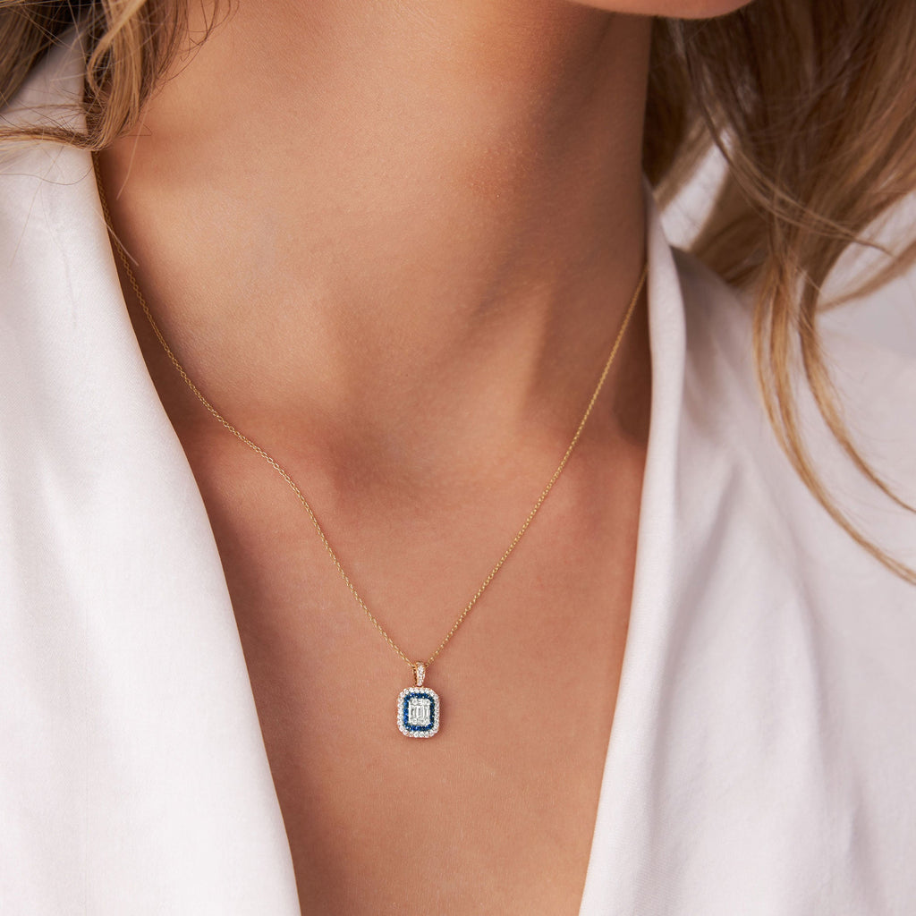 Baguette and Round Sapphire Necklace with Halo Setting