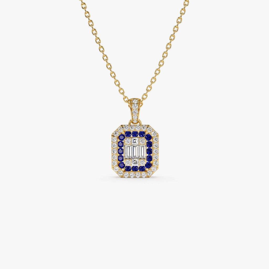 Baguette and Round Sapphire Necklace with Halo Setting