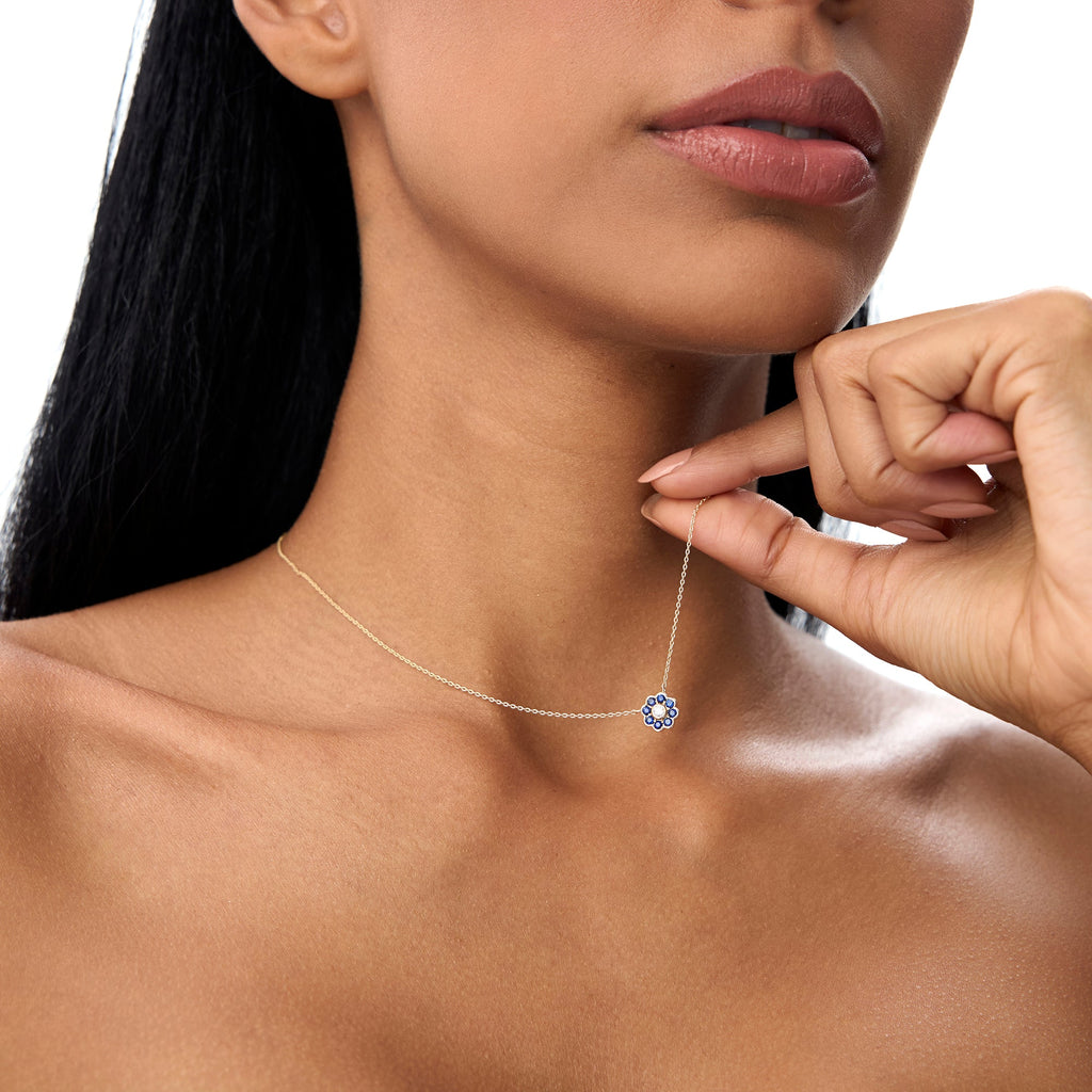 Bezel Setting Sapphire Flower Diamond Necklace