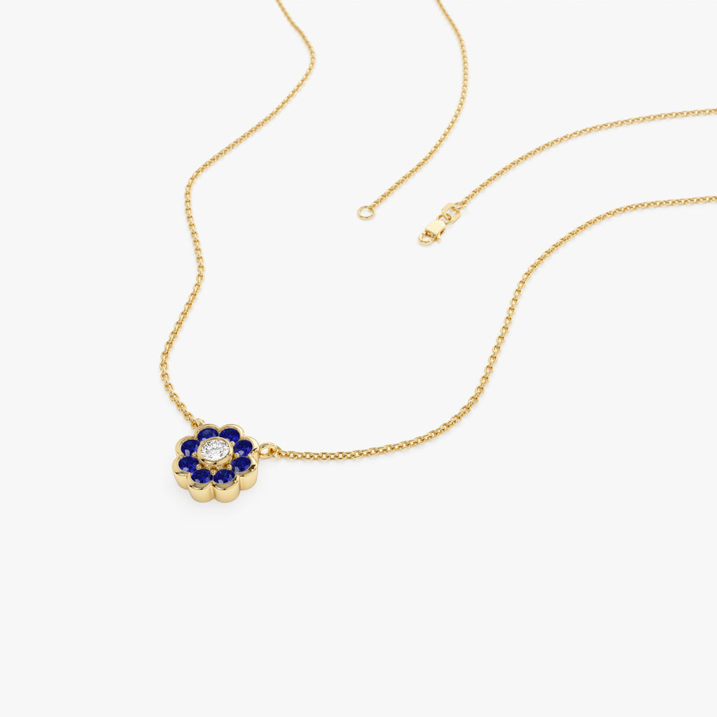 Bezel Setting Sapphire Flower Diamond Necklace