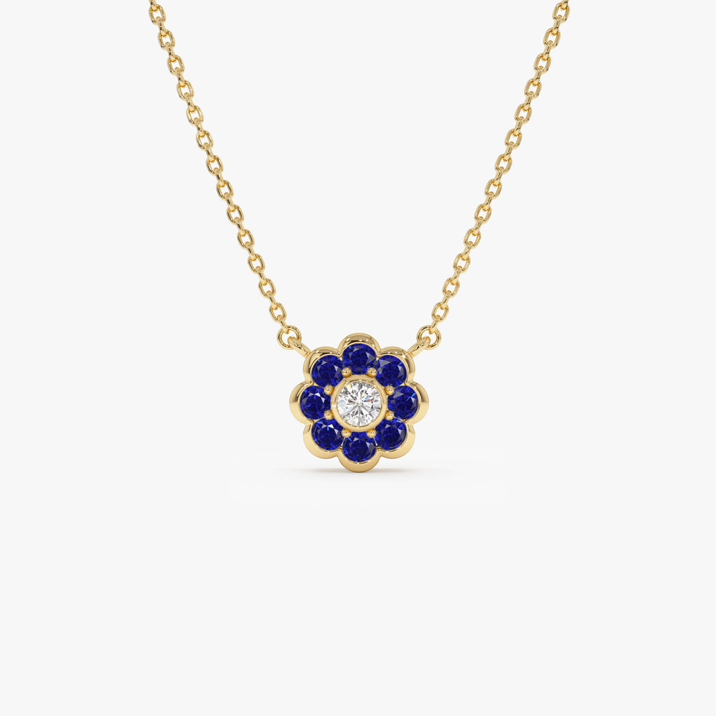 Bezel Setting Sapphire Flower Diamond Necklace