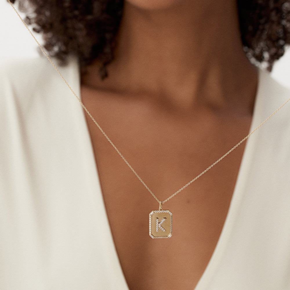 Baguette and Round Diamond Tag Initial Necklace