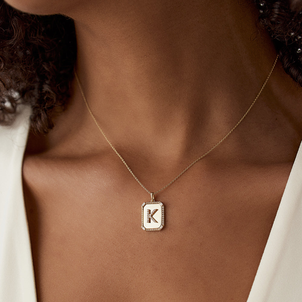 Baguette and Round Diamond Tag Initial Necklace