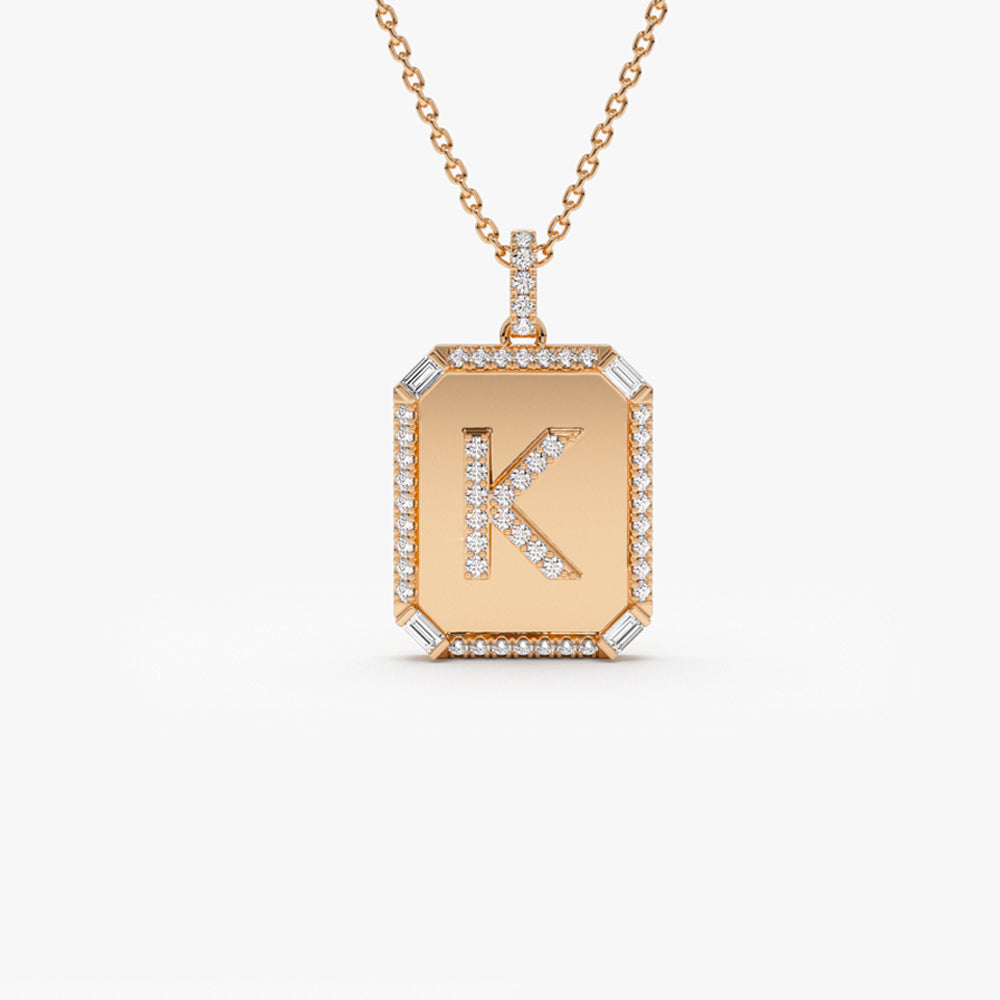 Baguette and Round Diamond Tag Initial Necklace
