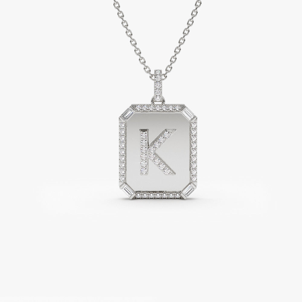 Baguette and Round Diamond Tag Initial Necklace