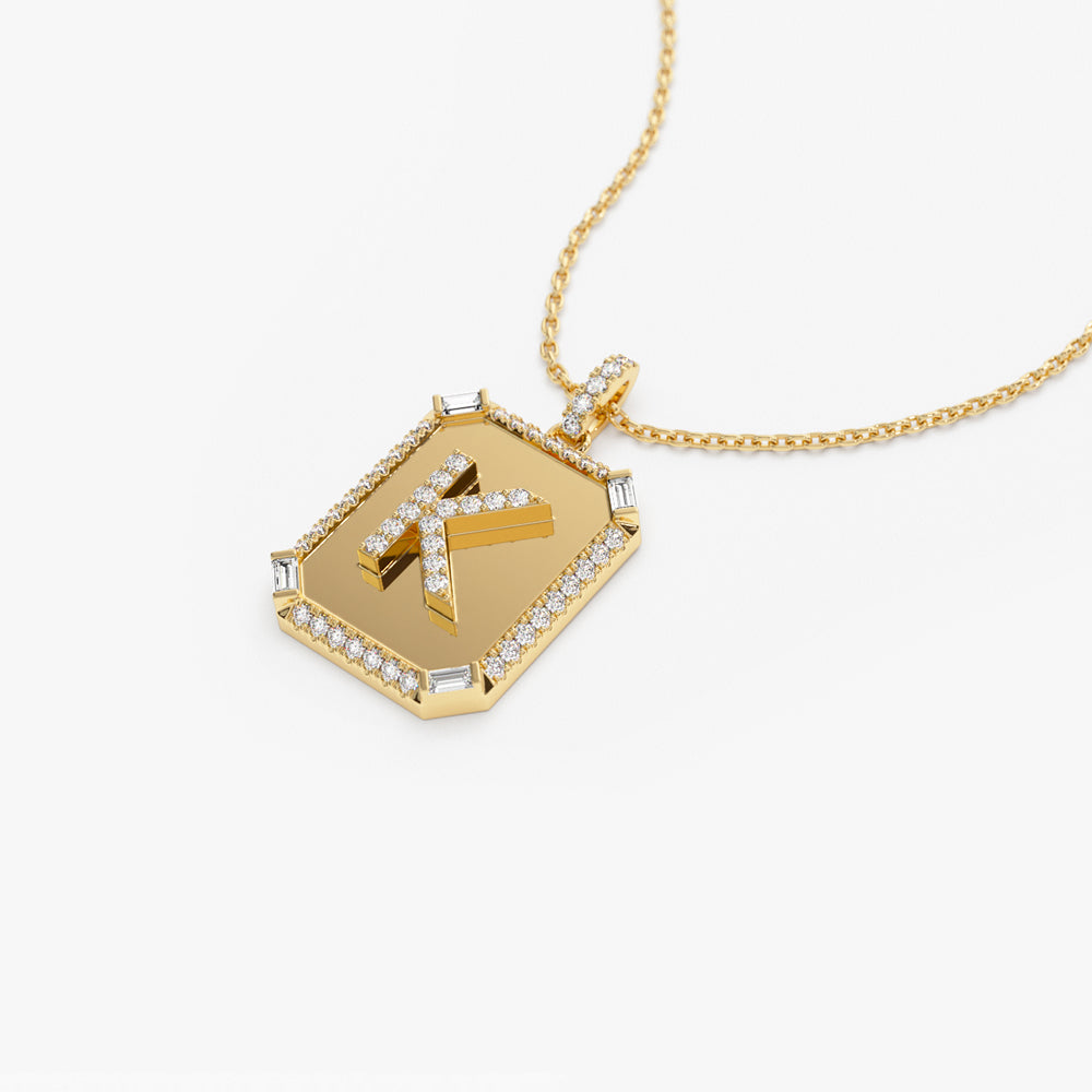 Baguette and Round Diamond Tag Initial Necklace