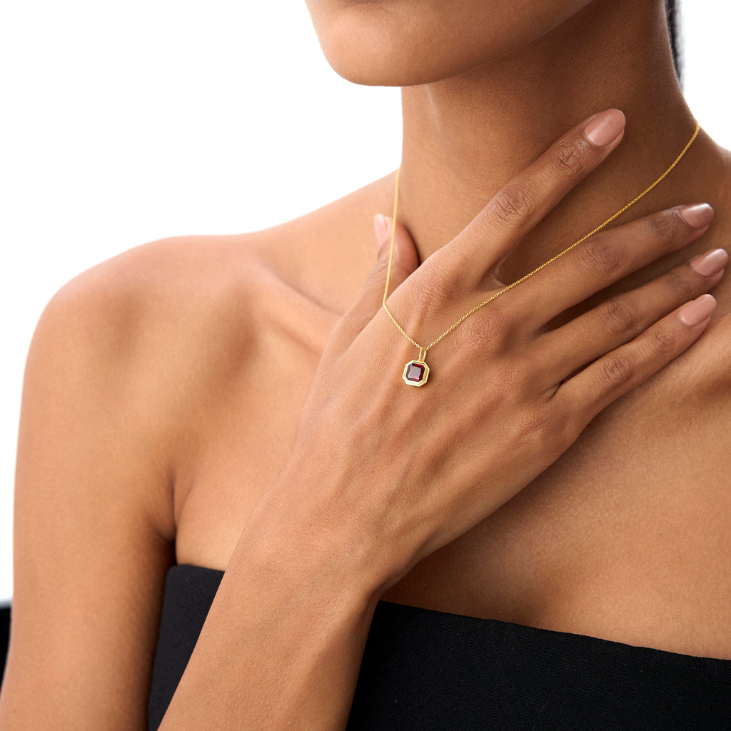 14K Asscher Cut Bezel Set Garnet Necklace