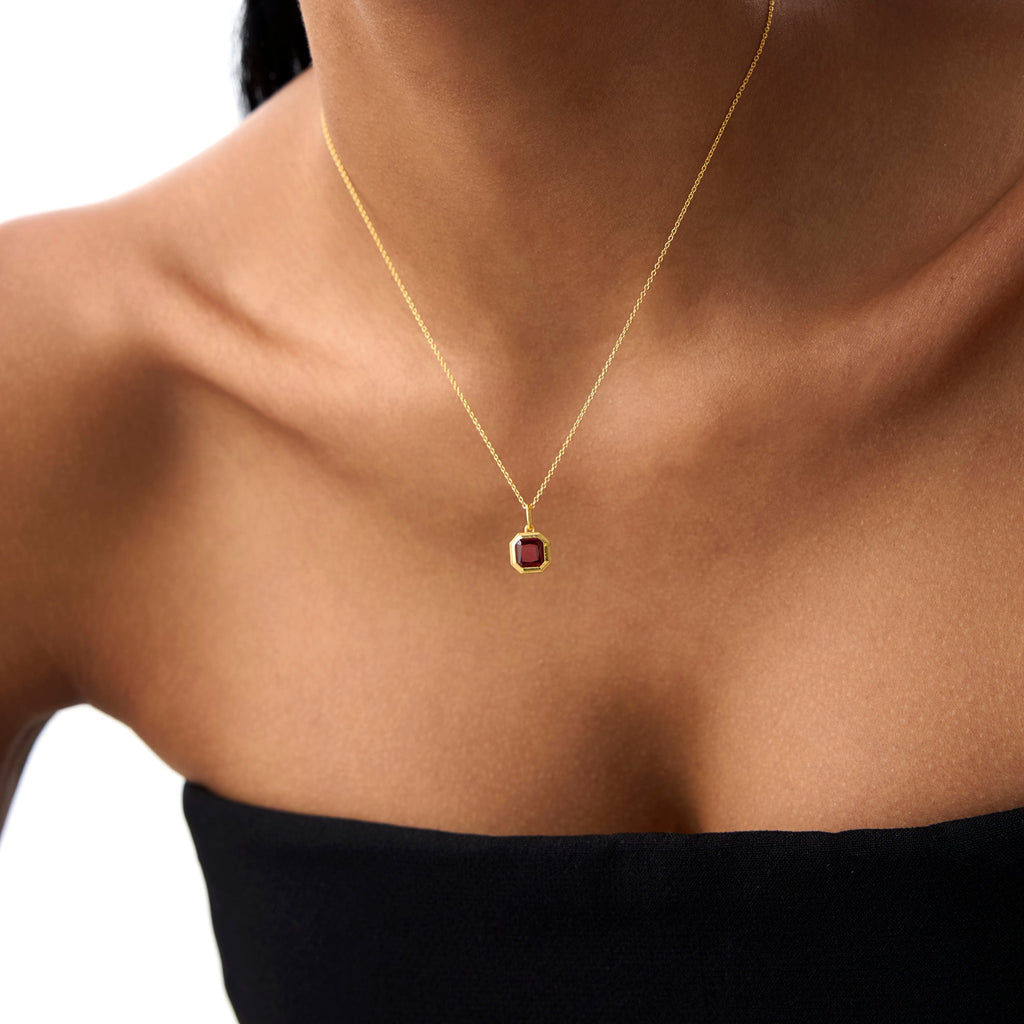 14K Asscher Cut Bezel Set Garnet Necklace
