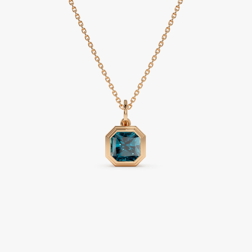 14K Asscher Cut Bezel Set London Blue Topaz  Necklace
