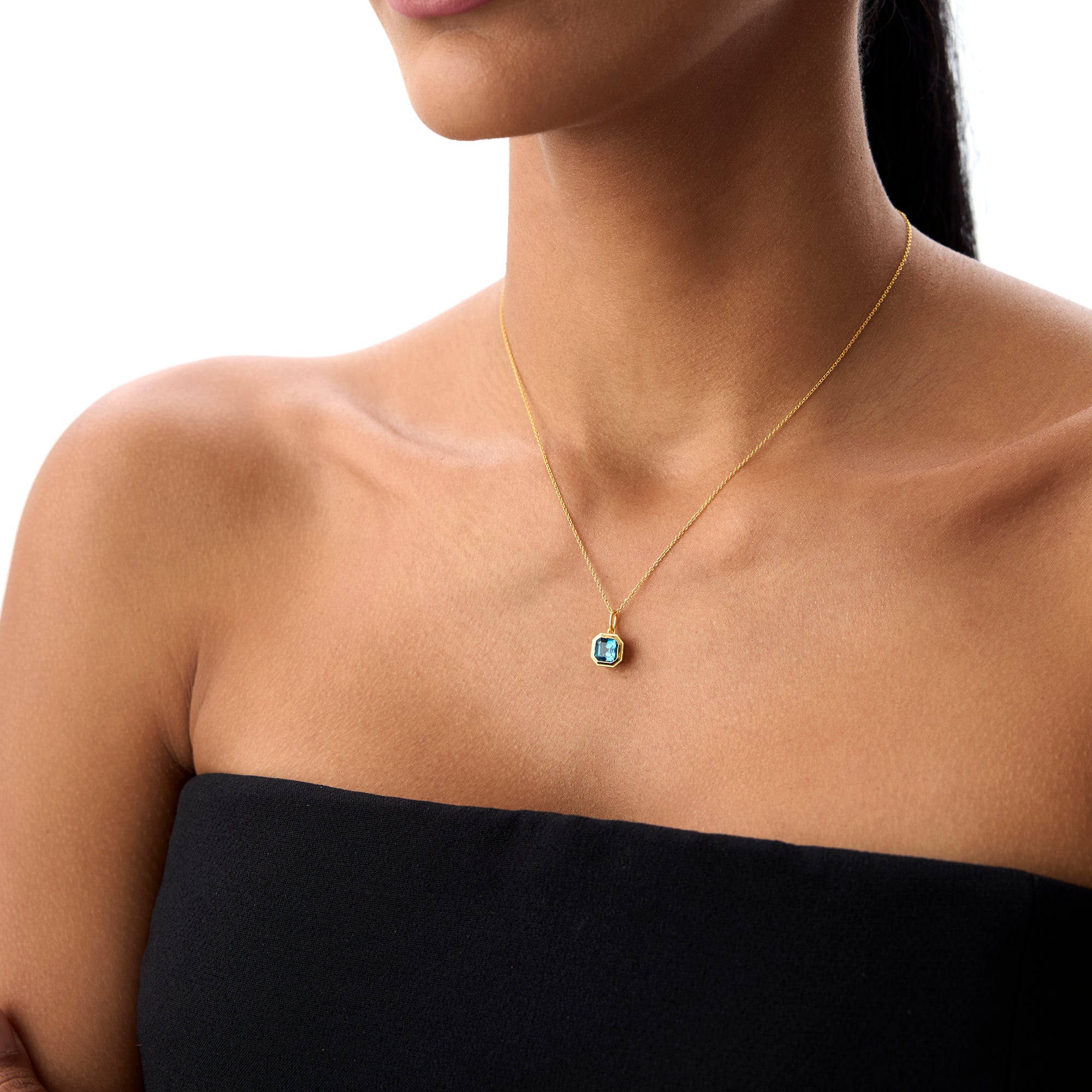 14K Asscher Cut Bezel Set London Blue Topaz  Necklace
