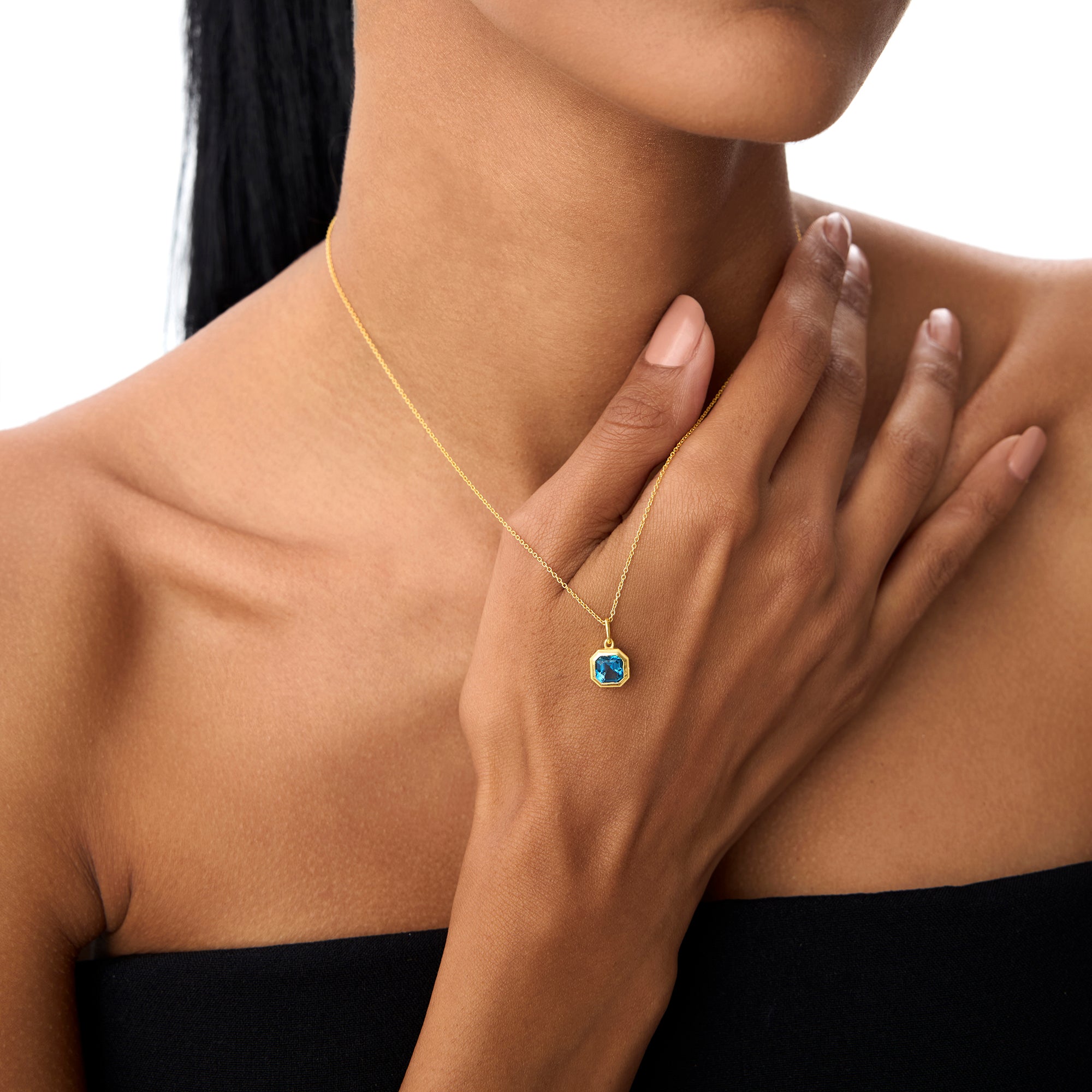 14K Asscher Cut Bezel Set London Blue Topaz  Necklace