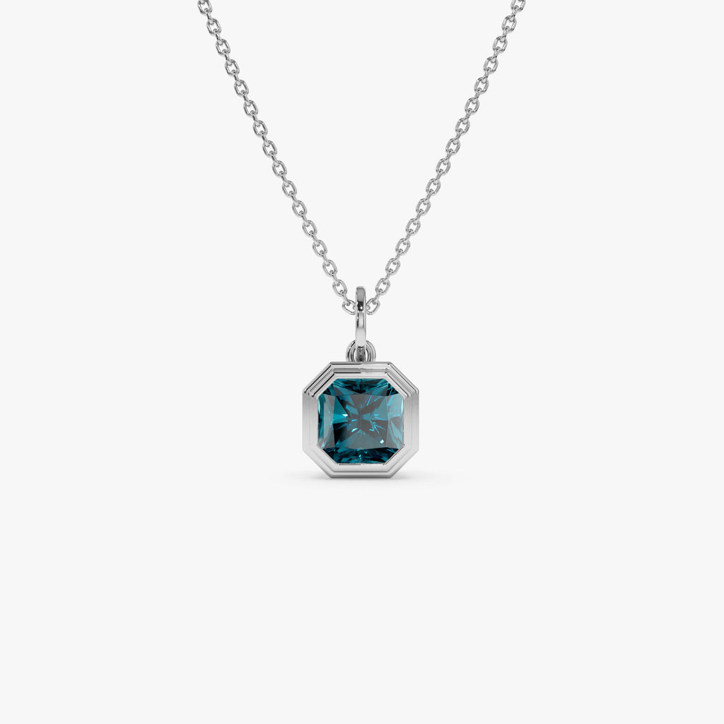 14K Asscher Cut Bezel Set London Blue Topaz  Necklace