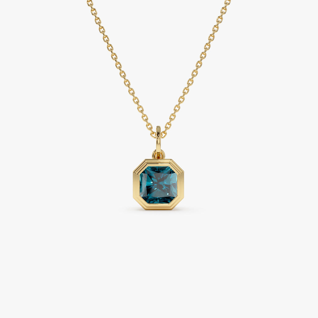 14K Asscher Cut Bezel Set London Blue Topaz  Necklace