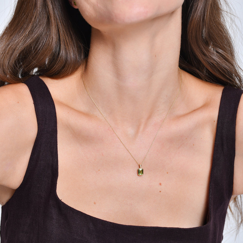 Emerald Cut Peridot Vertical Bezel Setting Pendant