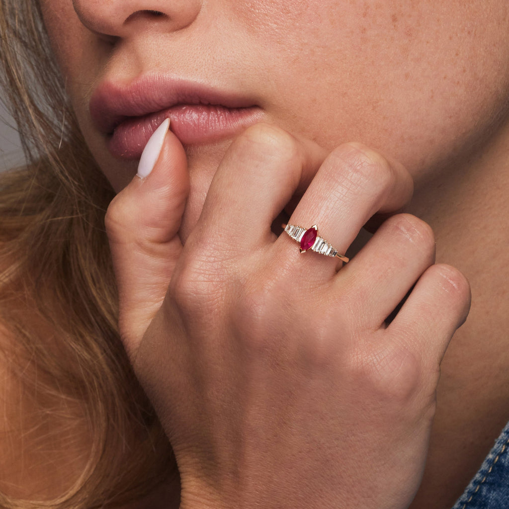 Marquise Shape Ruby  Ring with Baguette Accents