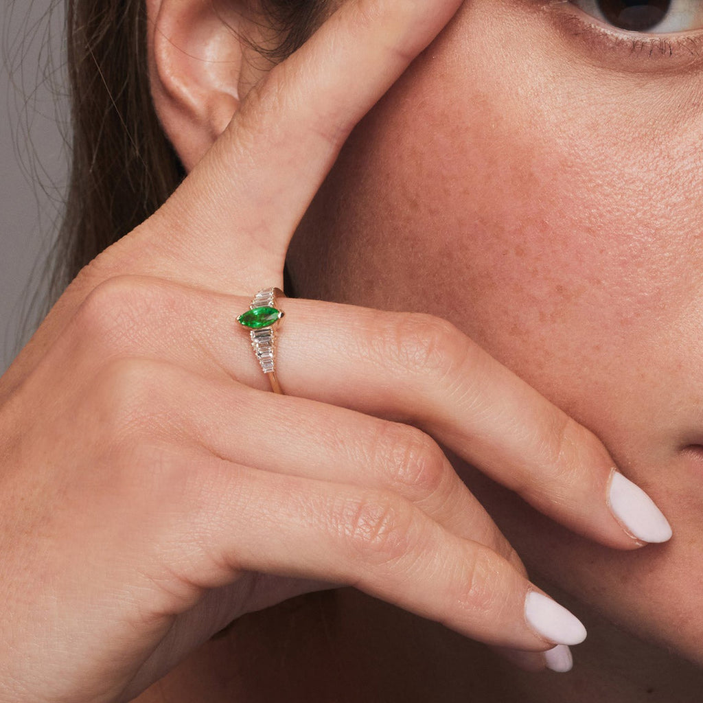 Marquise Shape Emerald  Ring with Baguette Accents