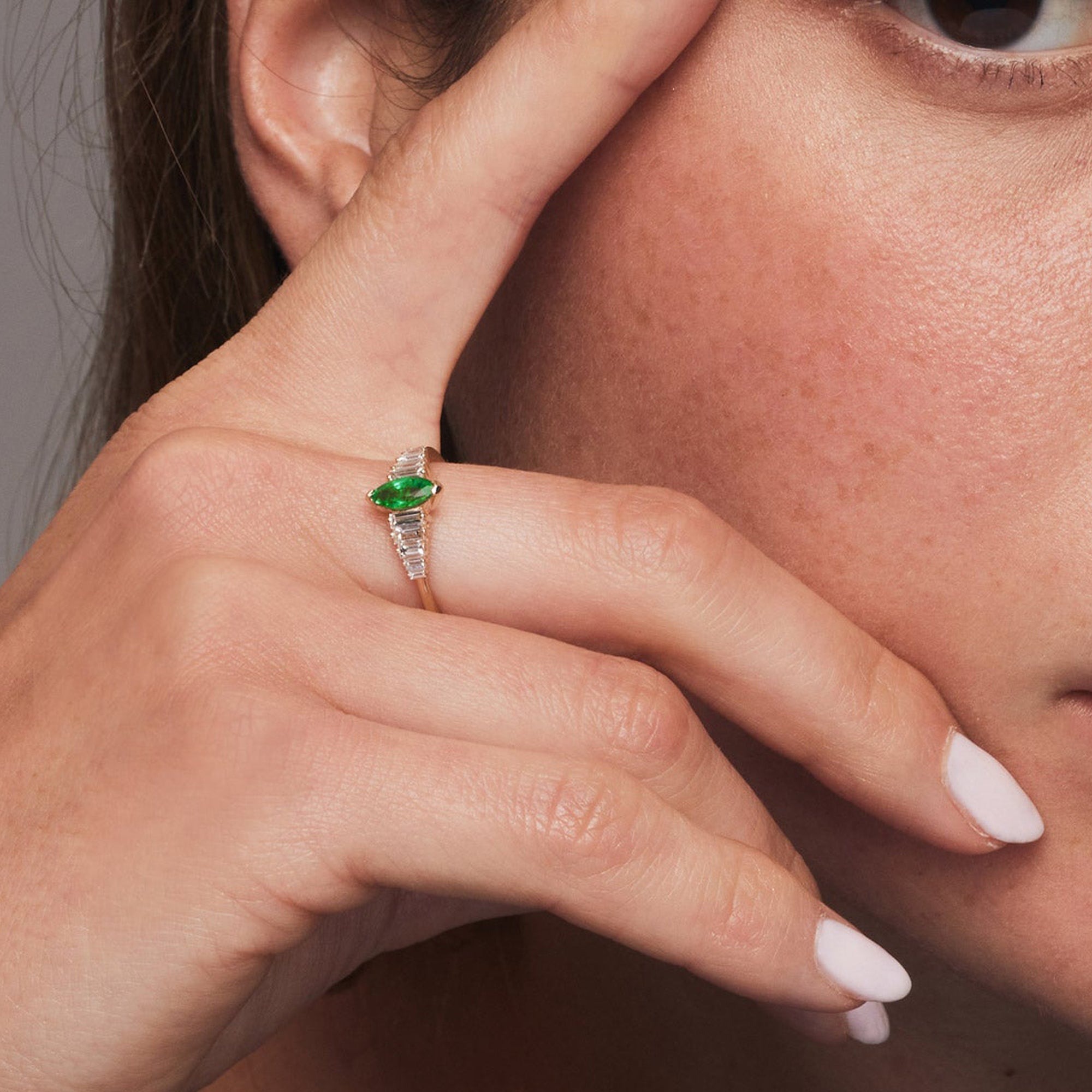 Marquise Shape Emerald  Ring with Baguette Accents