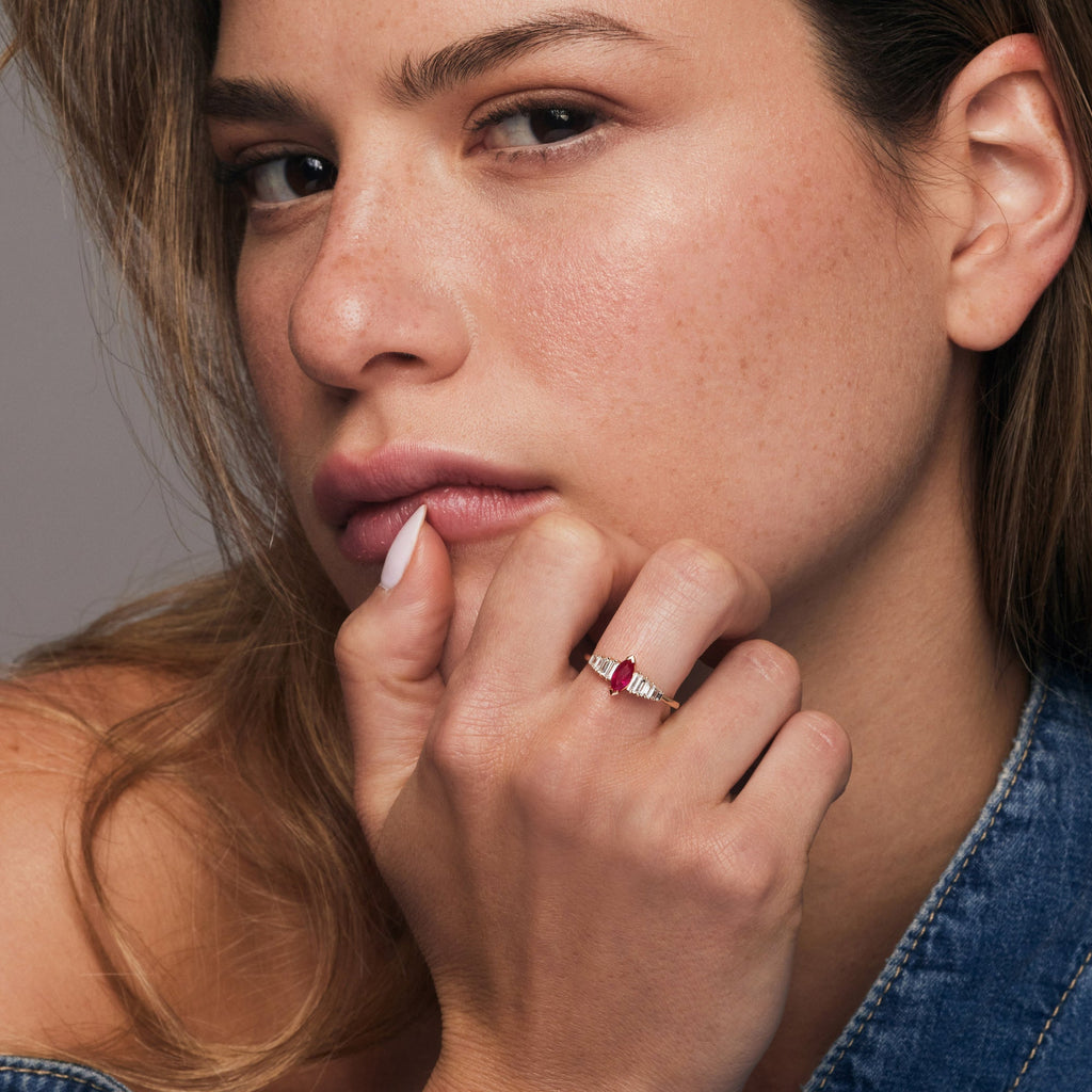 Marquise Shape Ruby  Ring with Baguette Accents