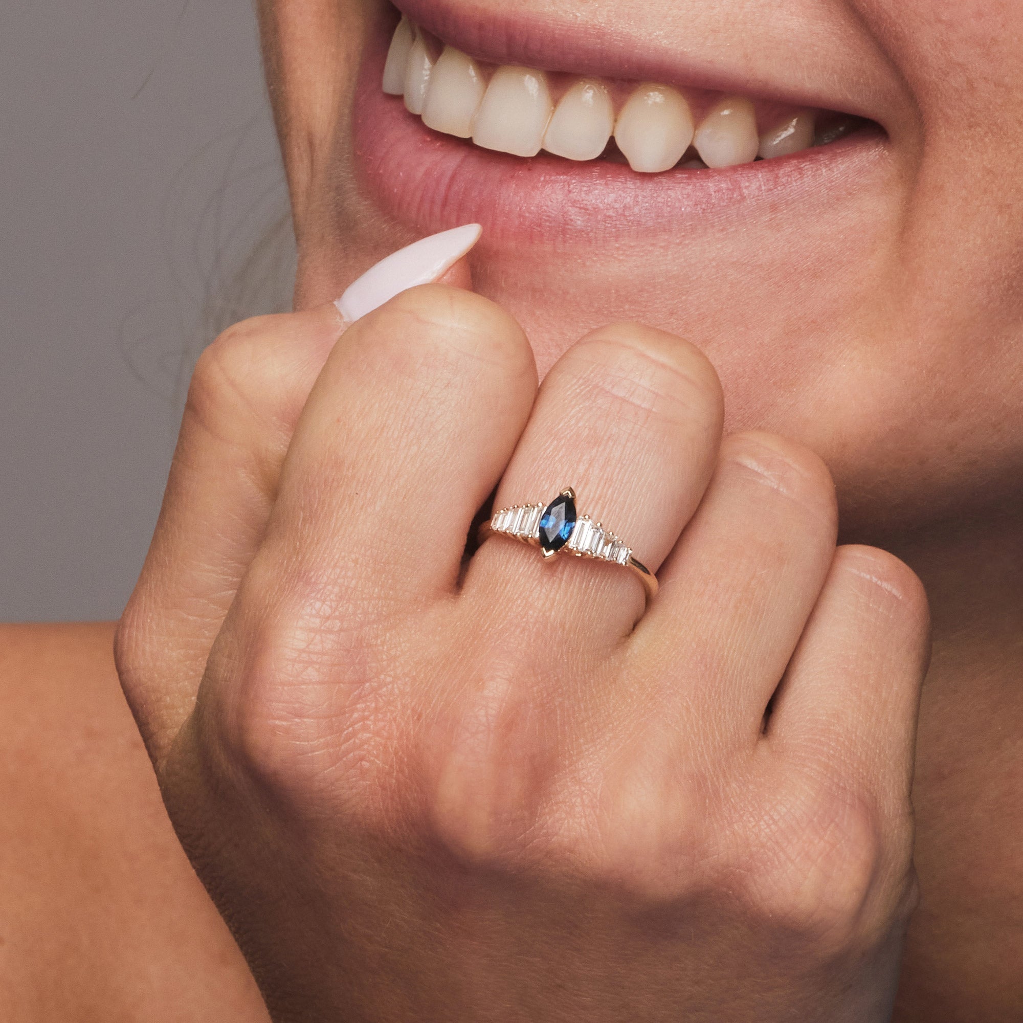 Marquise Shape Sapphire  Ring with Baguette Accents