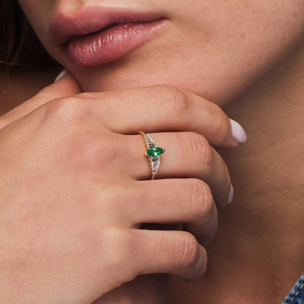 Marquise Shape Emerald  Ring with Baguette Accents
