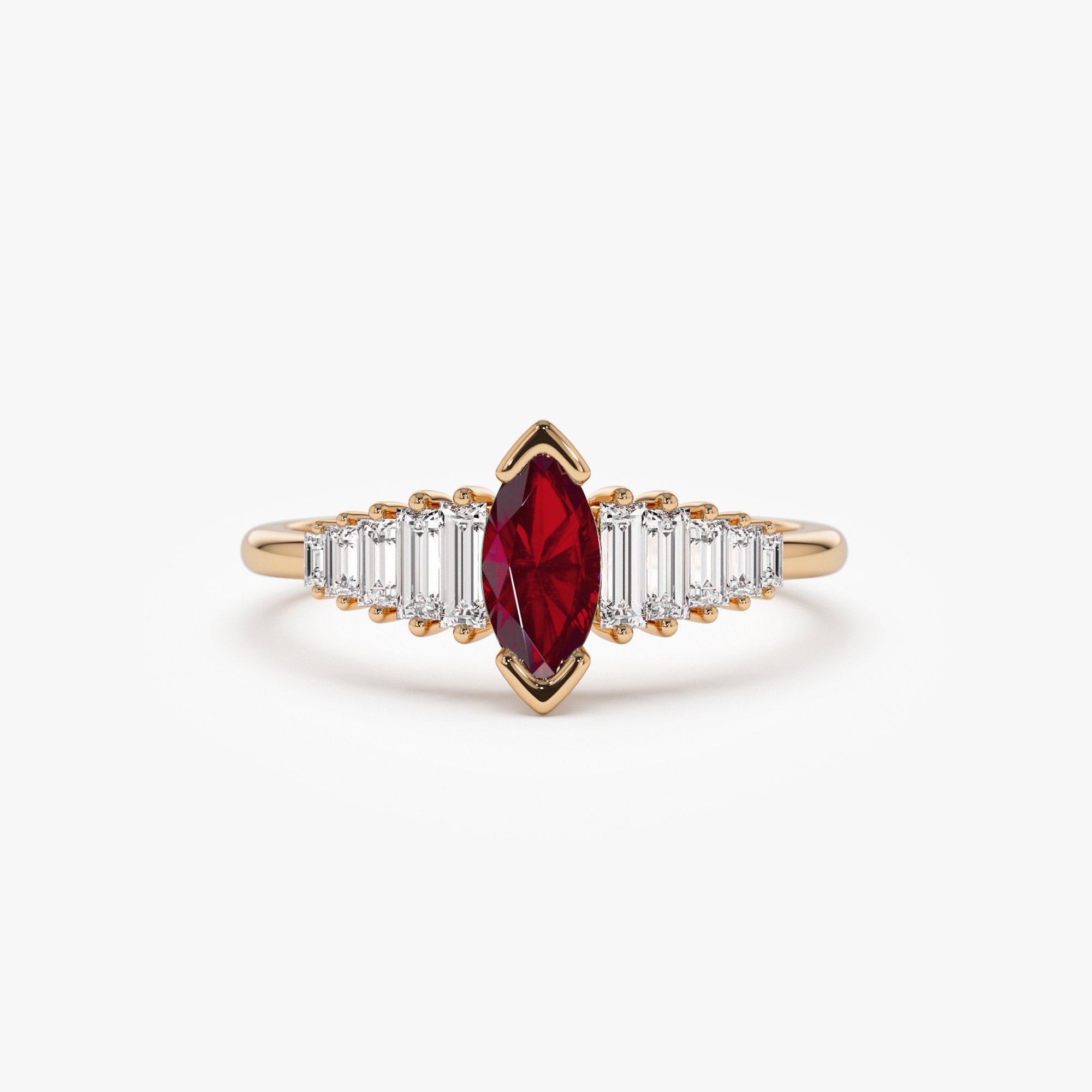 Marquise Shape Ruby  Ring with Baguette Accents