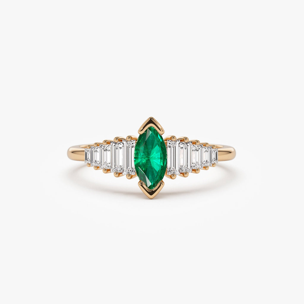 Marquise Shape Emerald  Ring with Baguette Accents