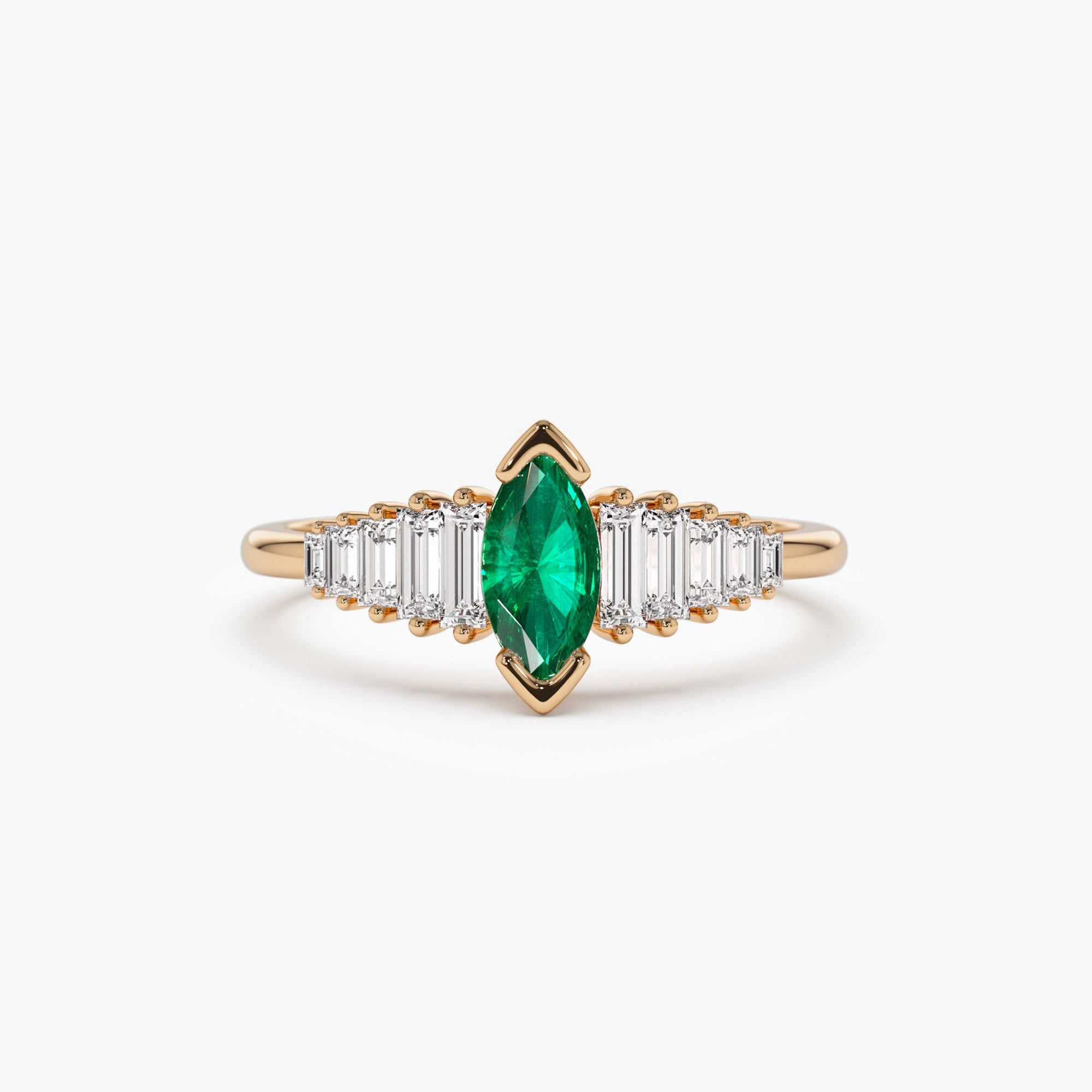 Marquise Shape Emerald  Ring with Baguette Accents