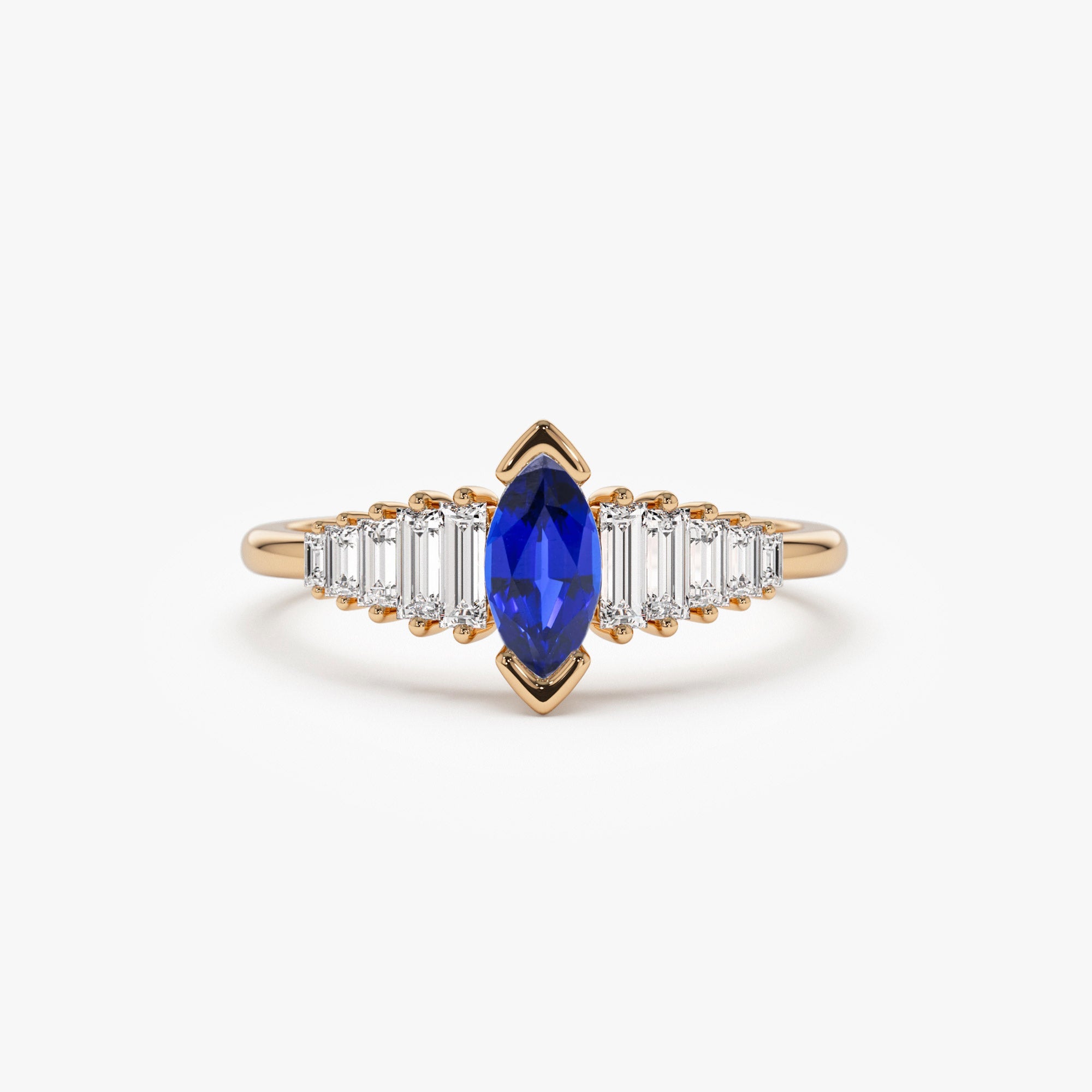 Marquise Shape Sapphire  Ring with Baguette Accents