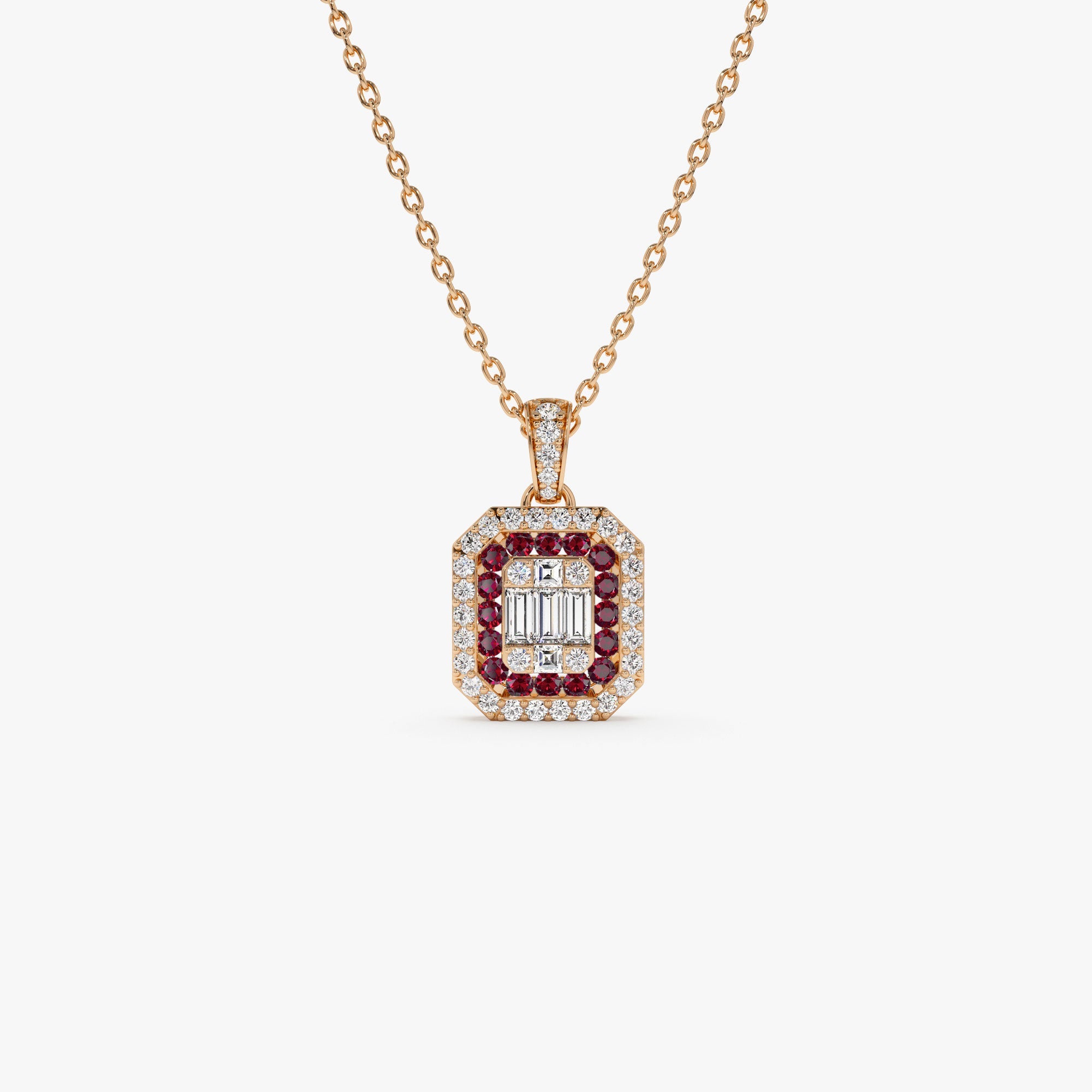 Baguette and Round Ruby Necklace with Halo Setting