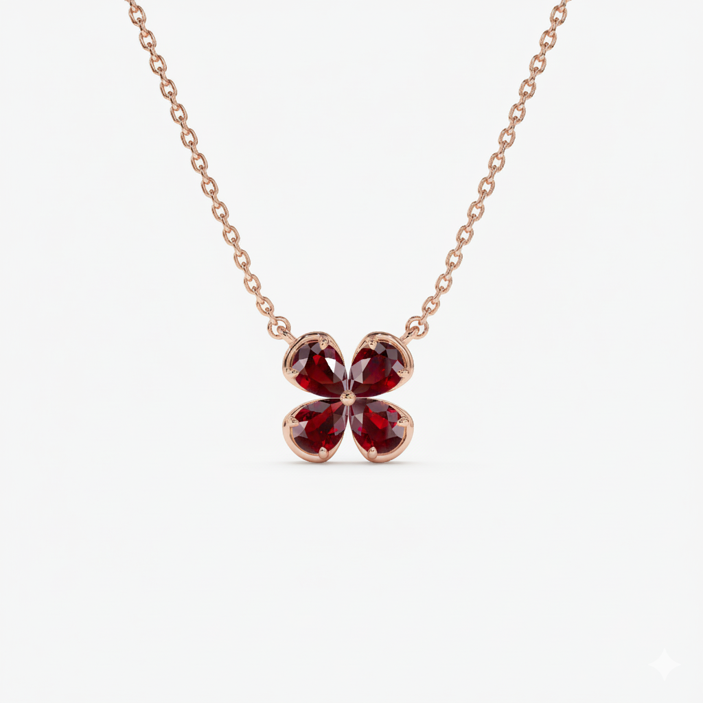 Four Leaf Garnet Clover Necklace