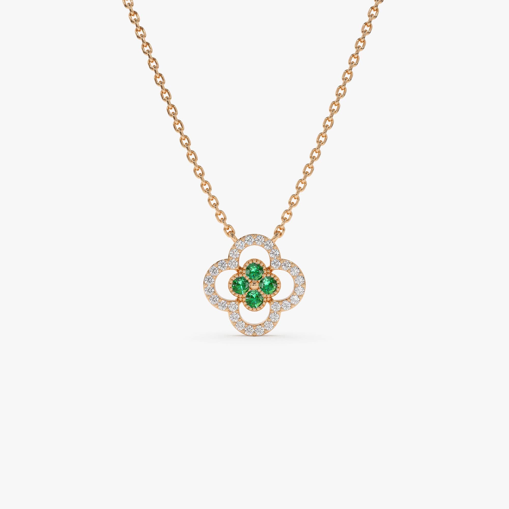 Emerald Clover Necklace in Halo Setting