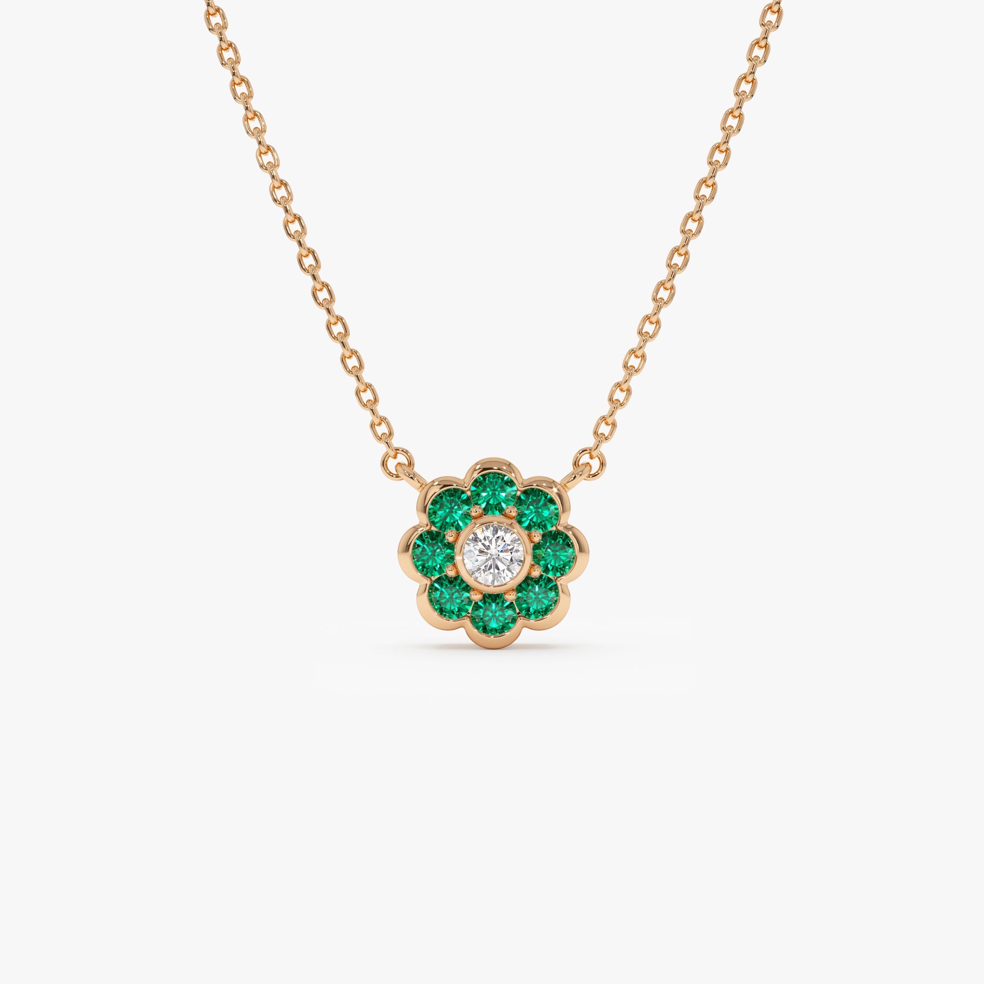 Bezel Setting Emerald Flower Diamond Necklace