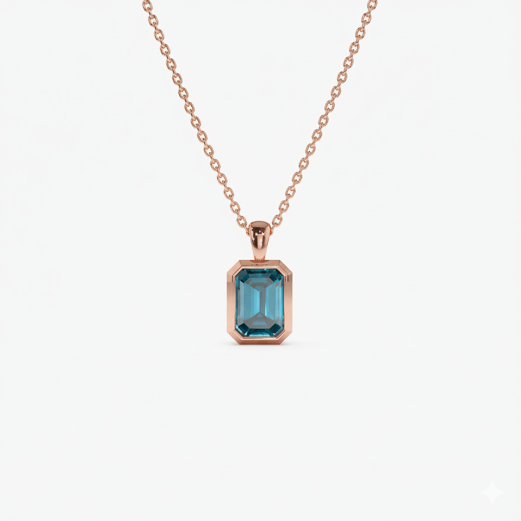 Emerald Cut London Blue Topaz Vertical Bezel Setting Pendant