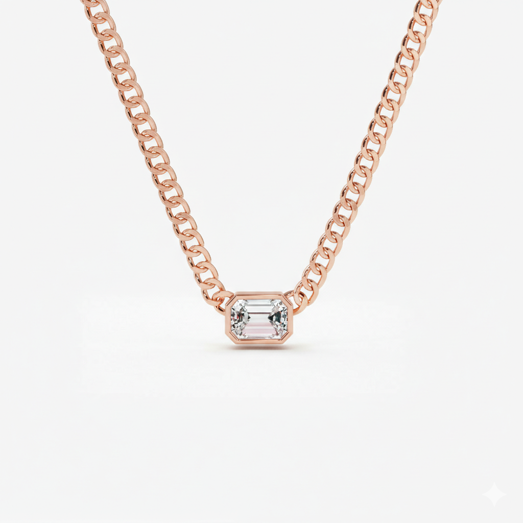Cuban Link Bezel Setting Emerald Cut Diamond Necklace