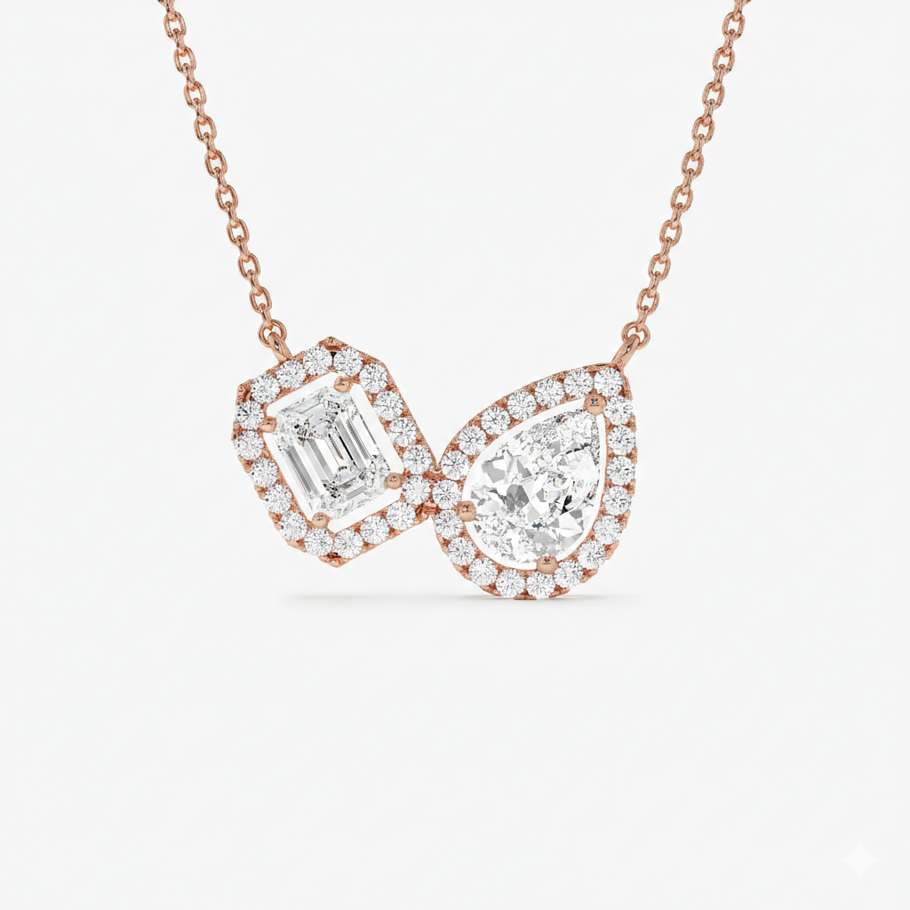 Pear & Emerald Cut Toi et Moi Halo Setting Necklace