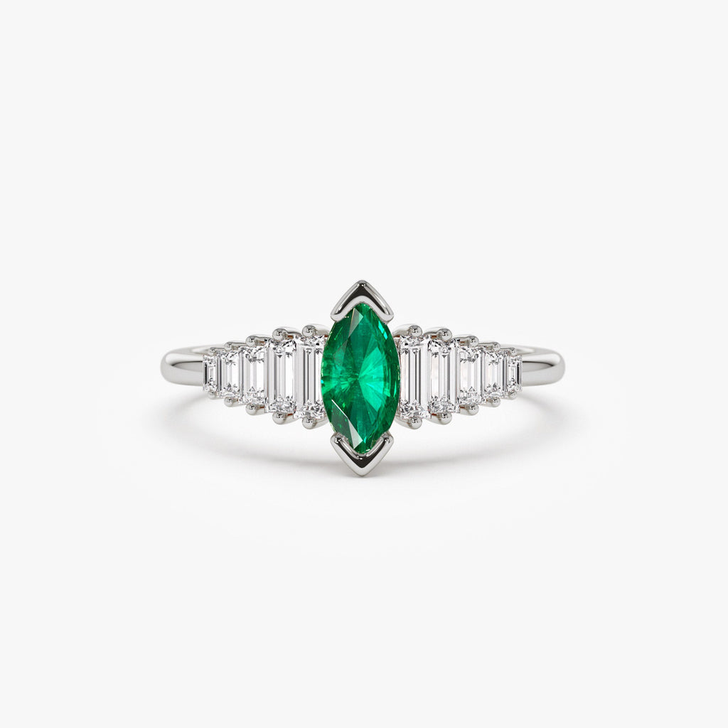 Marquise Shape Emerald  Ring with Baguette Accents