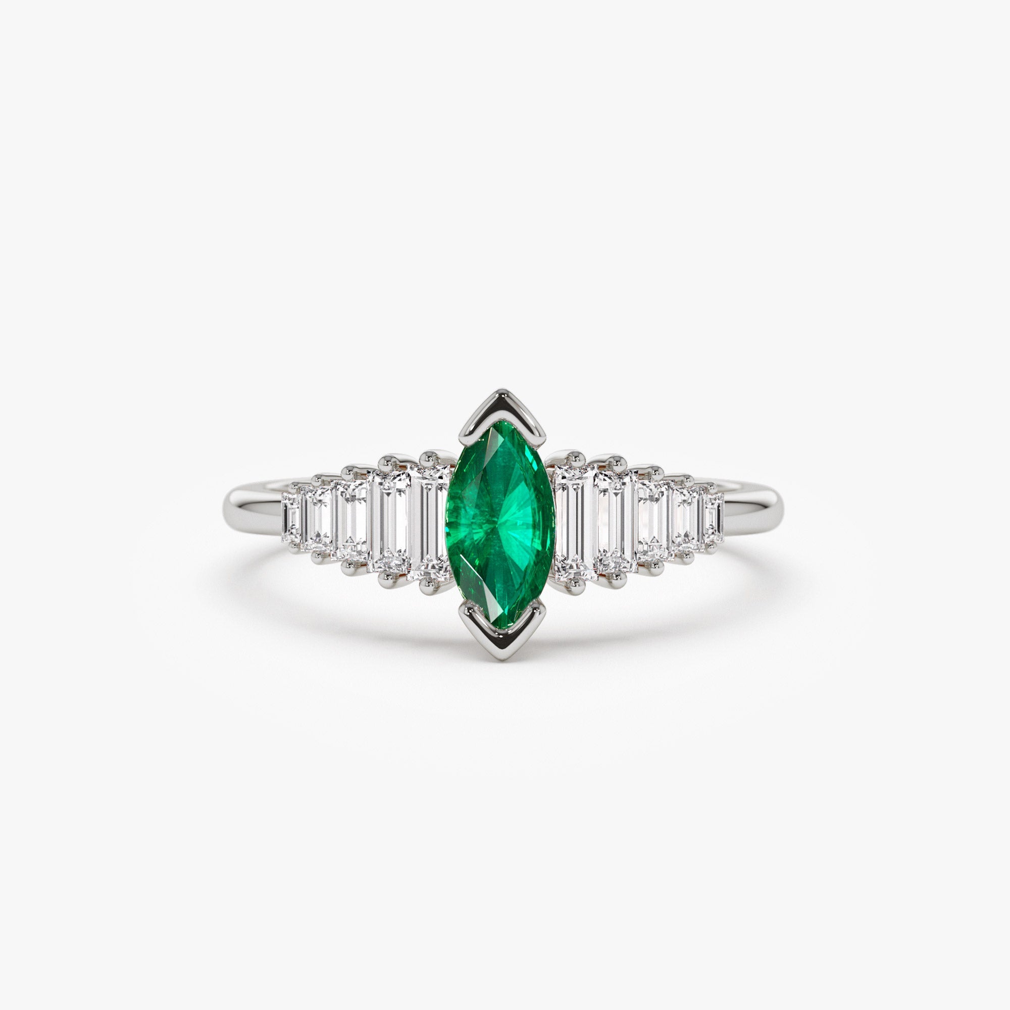 Marquise Shape Emerald  Ring with Baguette Accents