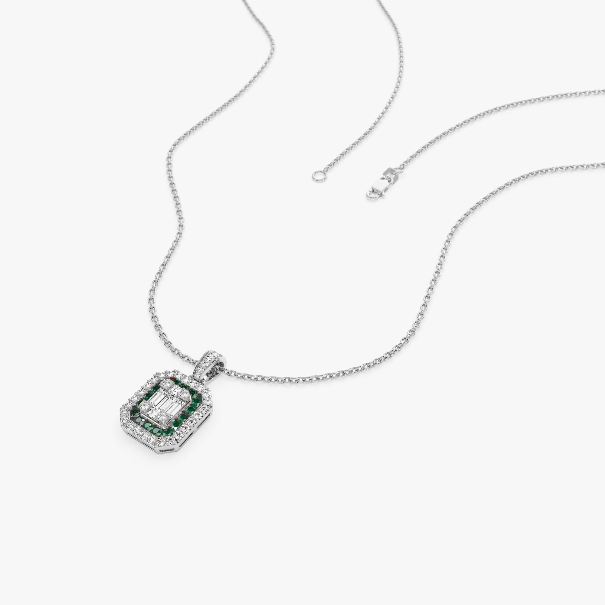 Baguette and Round Emerald Necklace with Halo Setting
