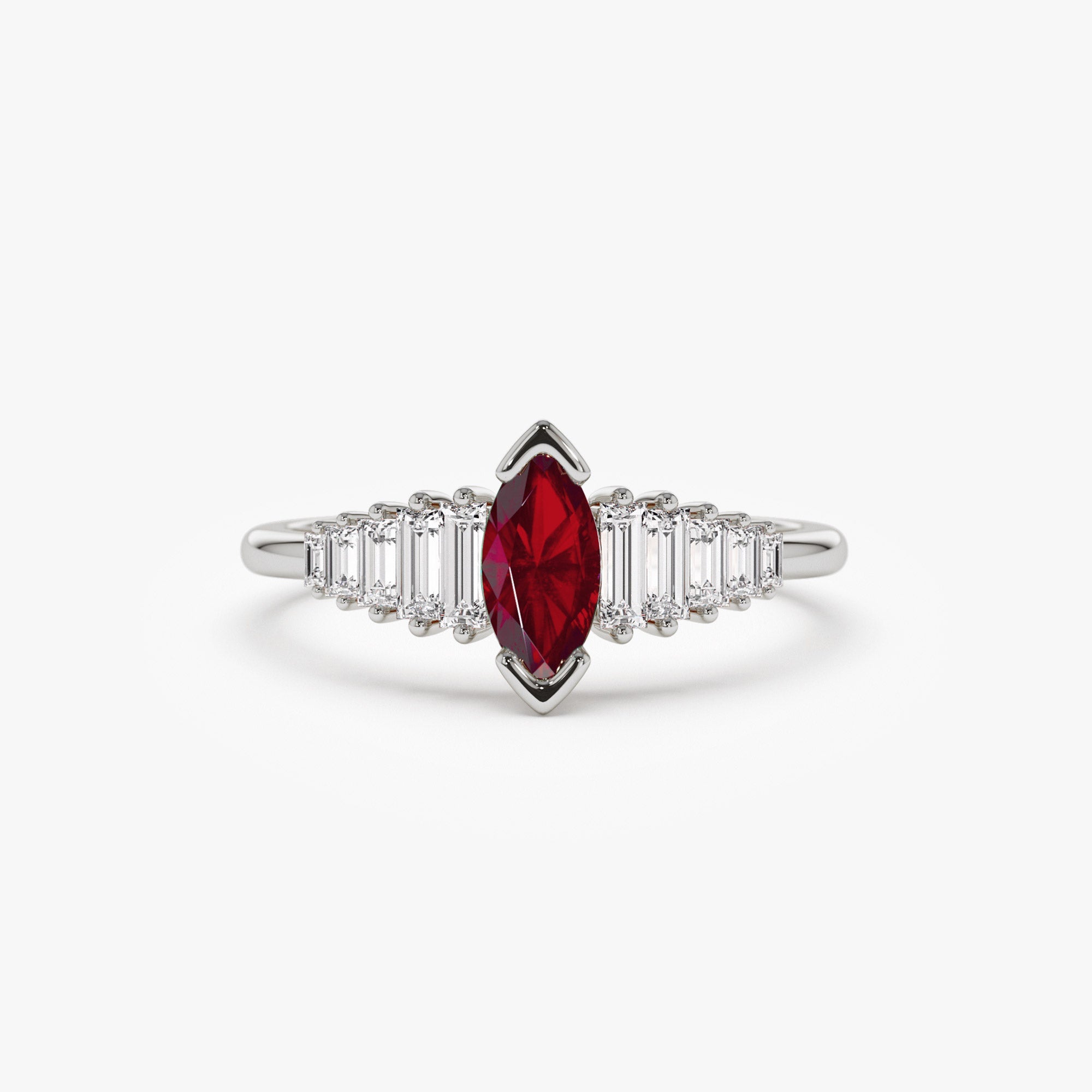 Marquise Shape Ruby  Ring with Baguette Accents