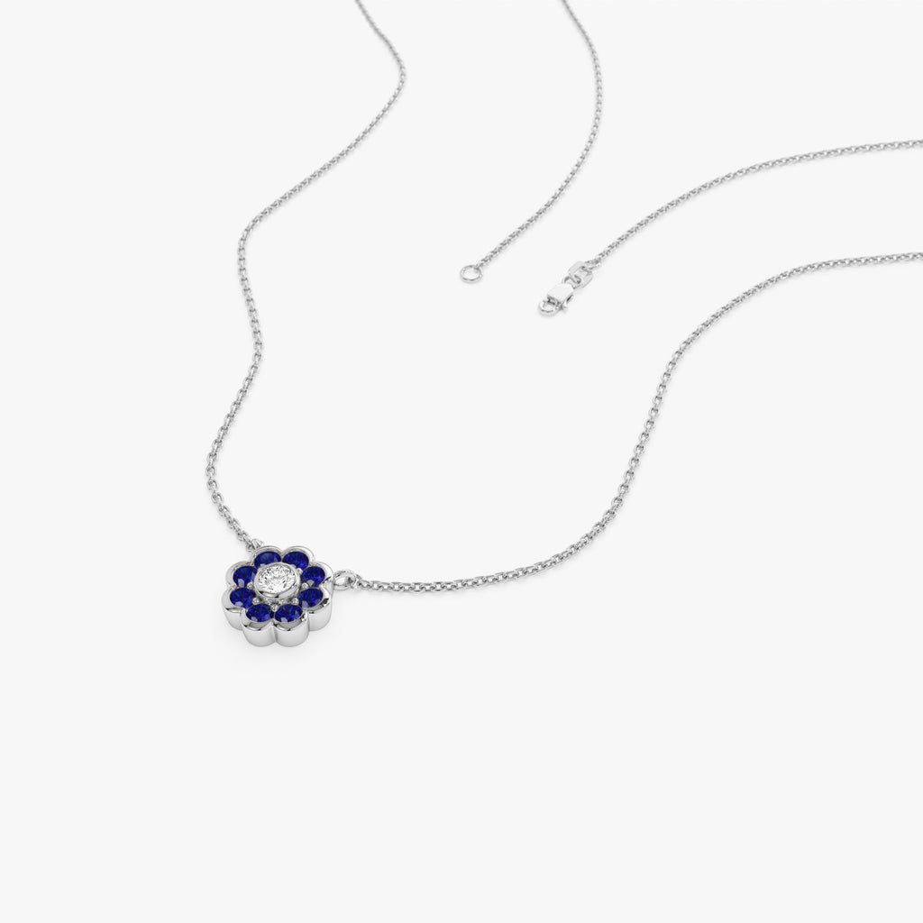 Bezel Setting Sapphire Flower Diamond Necklace