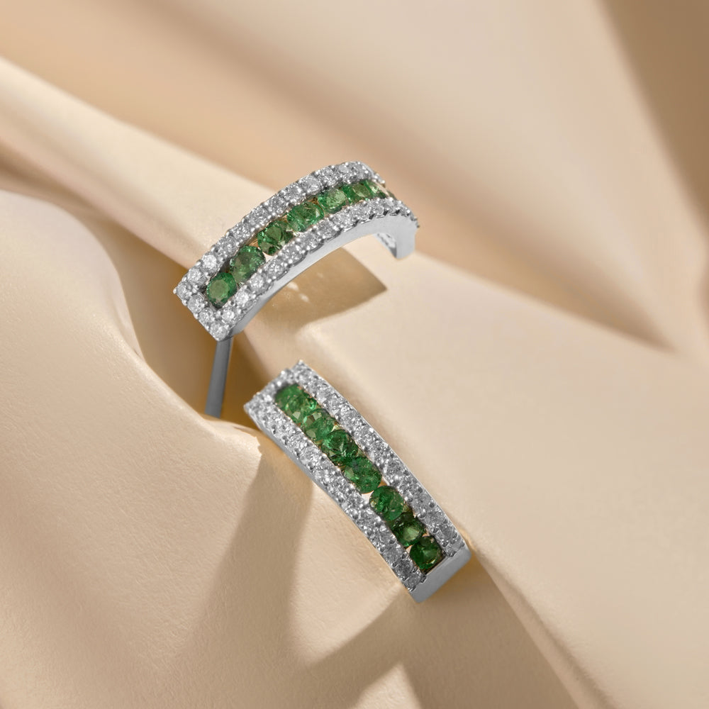 Emerald and Round Diamond Hoop Earrings