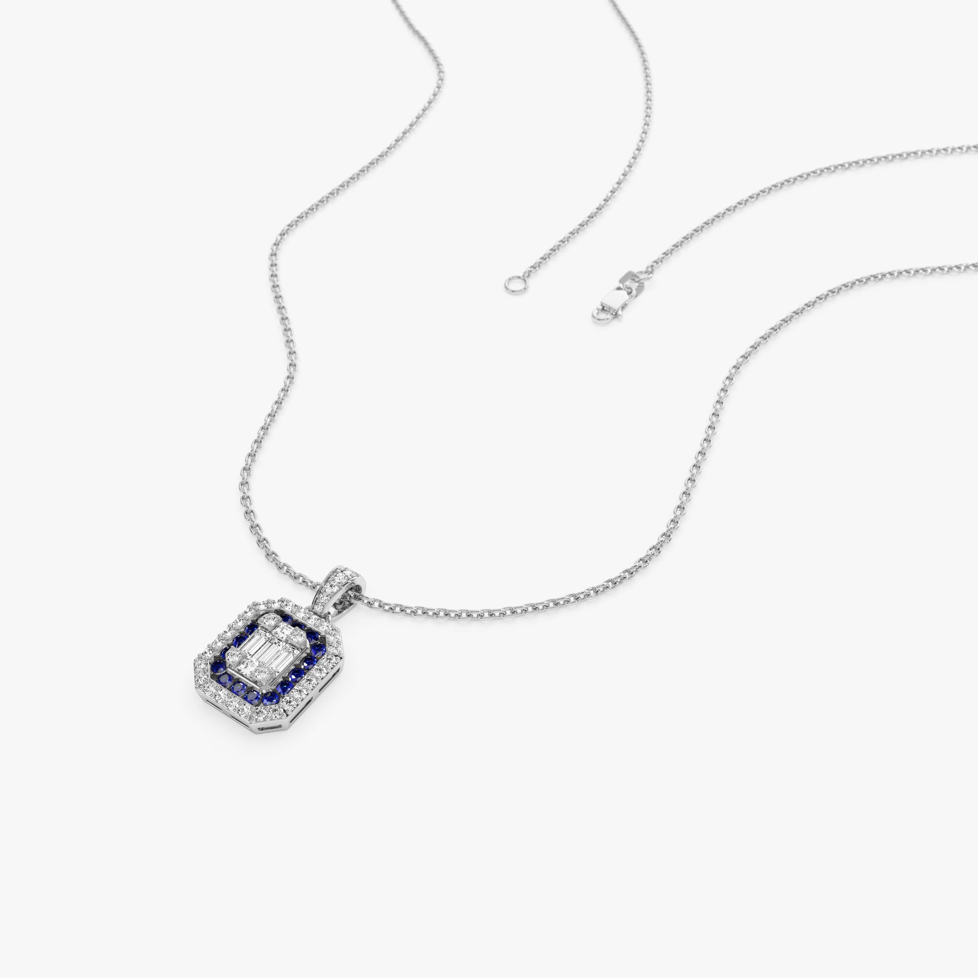 Baguette and Round Sapphire Necklace with Halo Setting