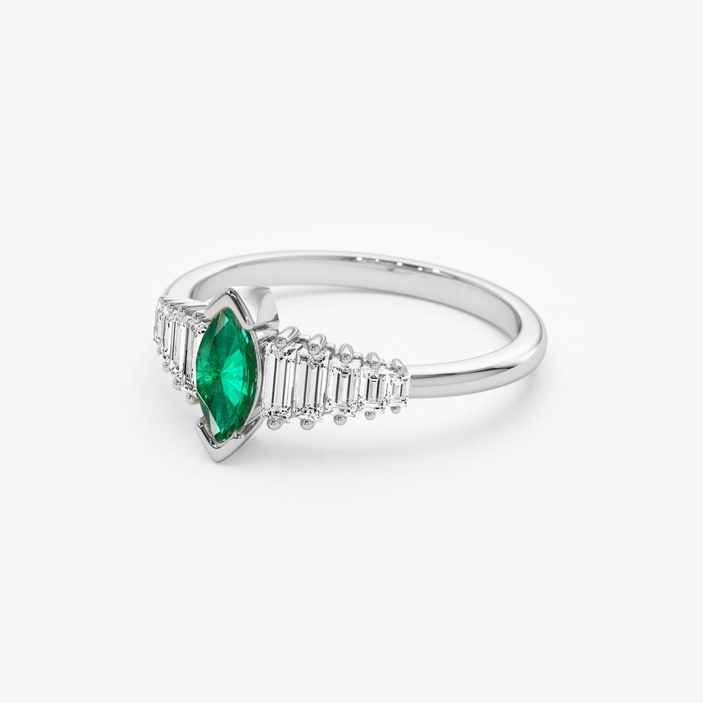 Marquise Shape Emerald  Ring with Baguette Accents