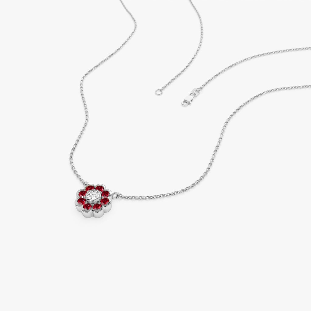 Bezel Setting Ruby Flower Diamond Necklace