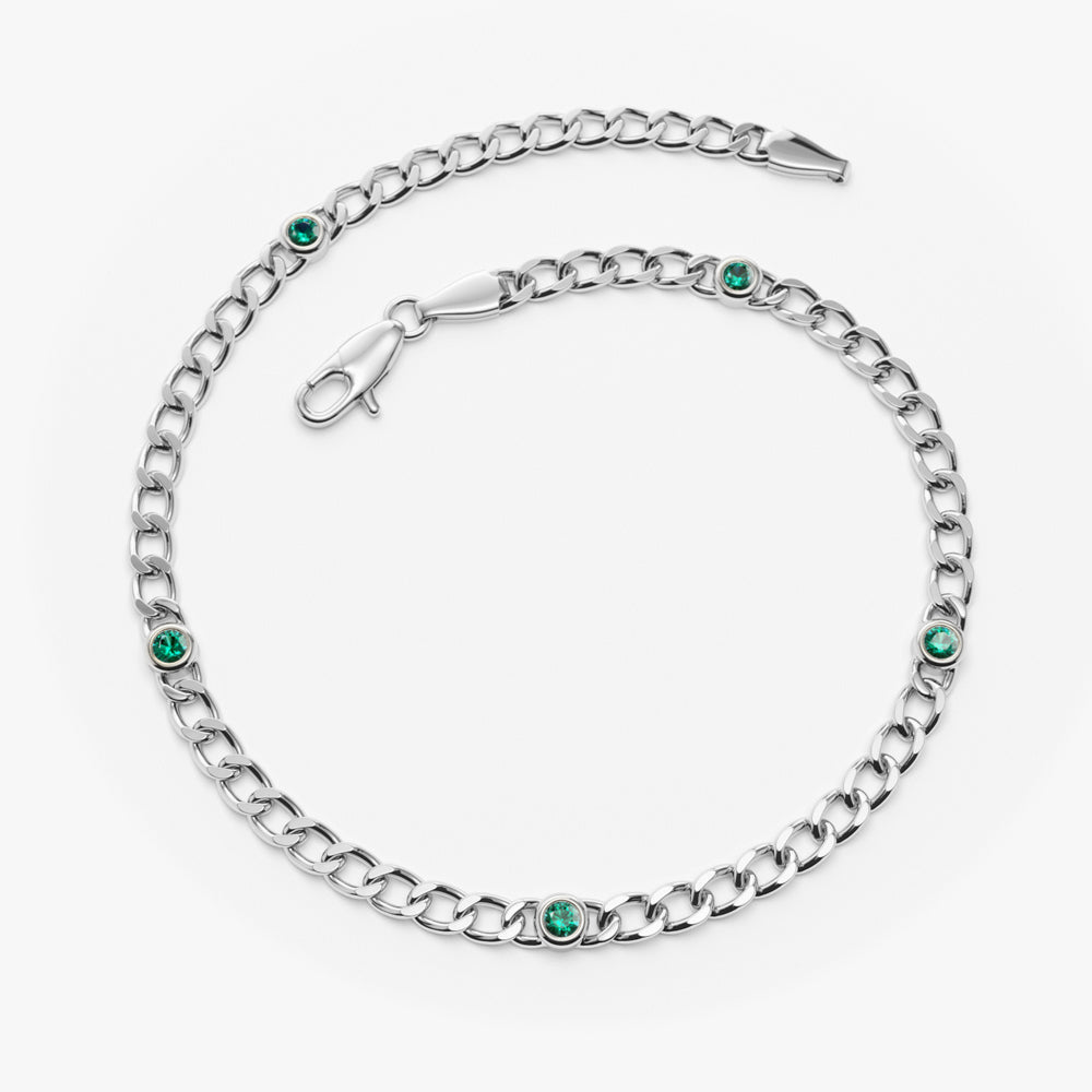 Cuban Link Bracelet w Bezel Setting Round Emerald