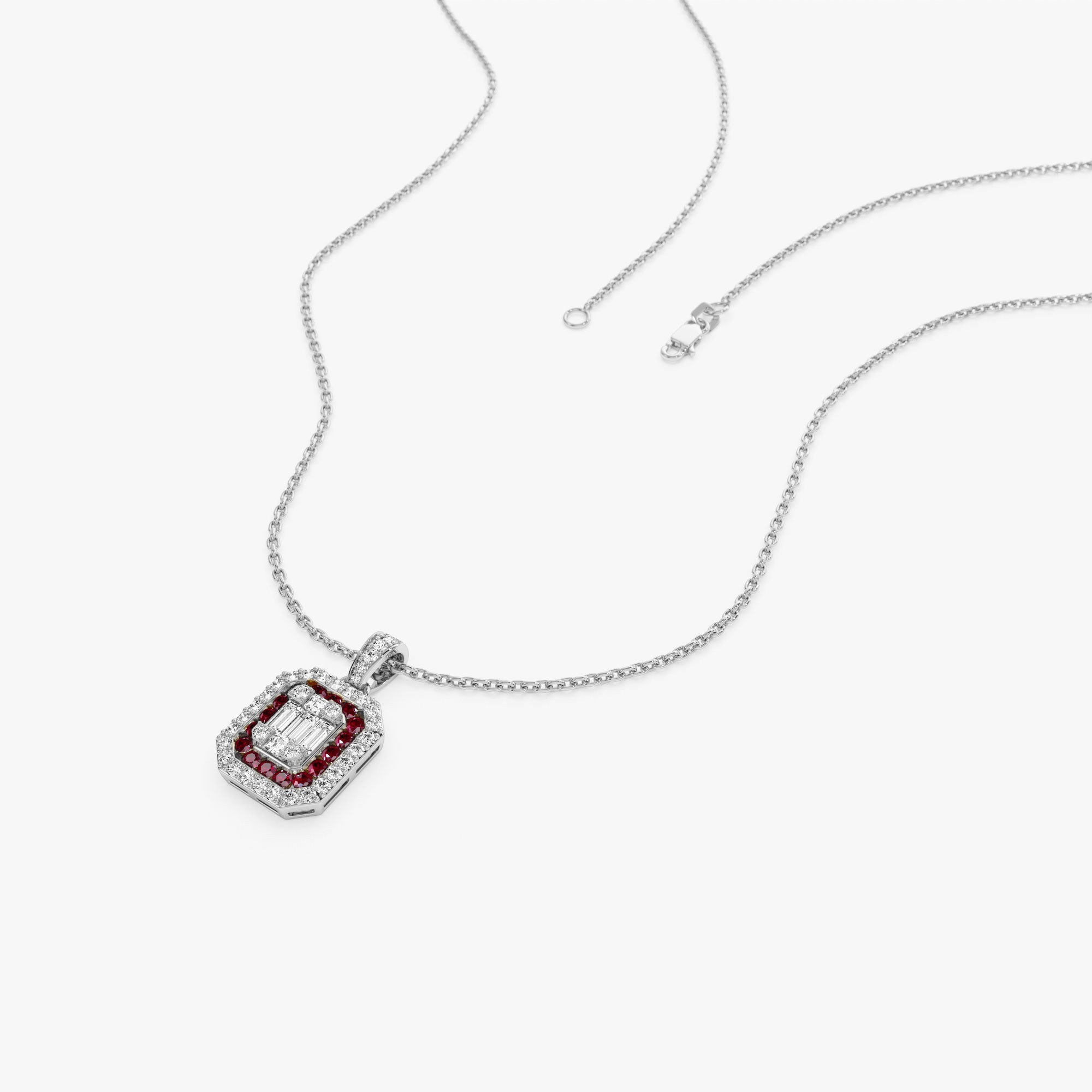 Baguette and Round Ruby Necklace with Halo Setting
